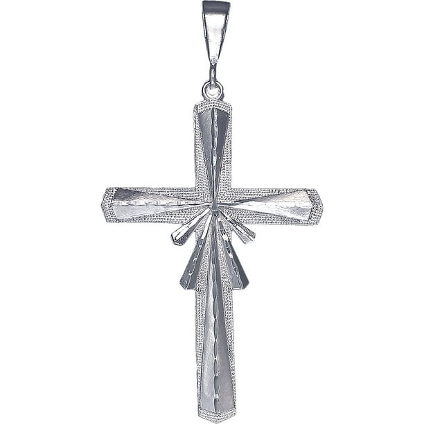 Large Sterling Silver Cross without Jesus Pendant Necklace with Diamond Cut Finish 